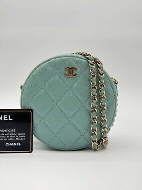 Chanel Shoulder Bag Round Caviar Leather Quilted CC Logo Gold Emerald Green